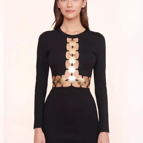 STAUD BLACK DELPHINE GOLD LOGO COIN CUTOUT MAXI DRESS BLACK SZ 8 LONG SLEEVE - Picture 14 of 15